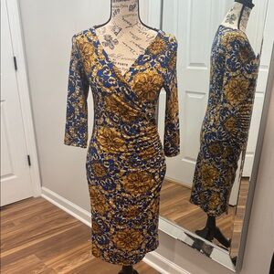 Stylish Long Sleeve Blue and Gold Dress